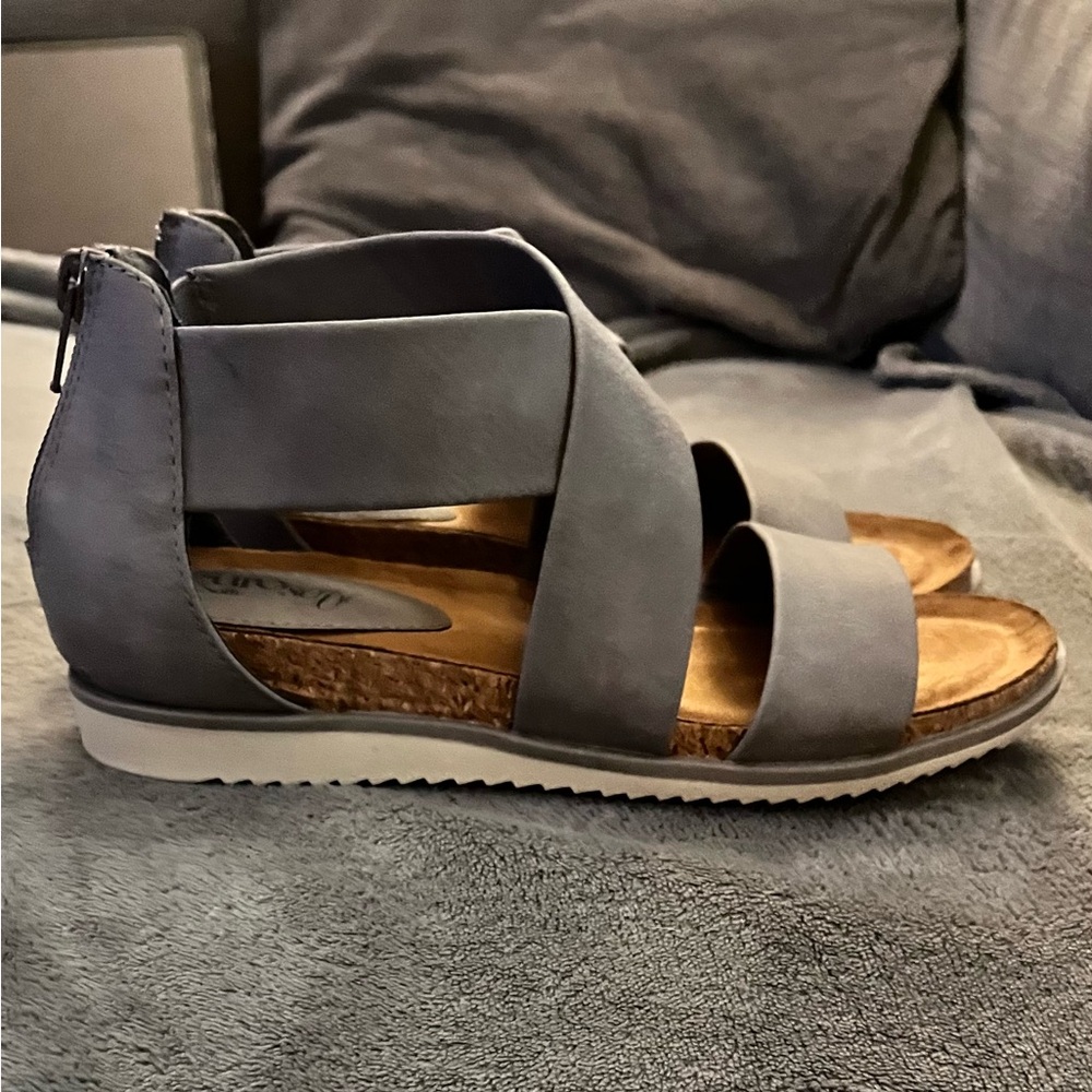 Sofft Gray Sandals with Cork Footbed and Wide Suede Strap